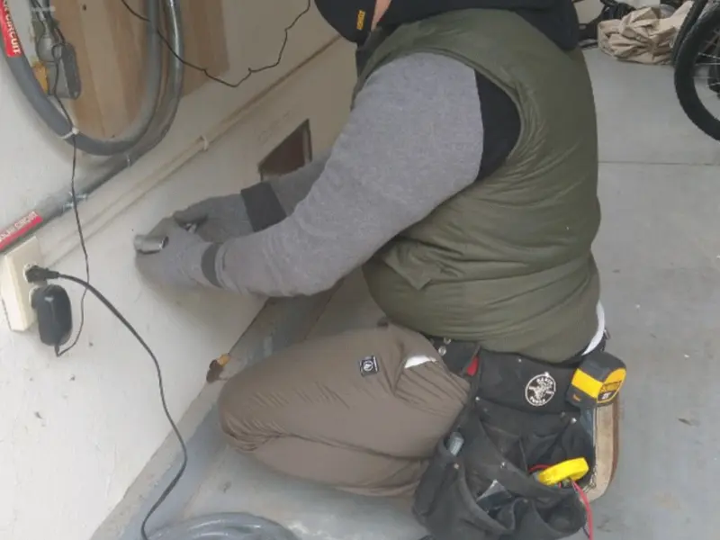 Electrician performing outlet wiring in a Whispering Pines garage